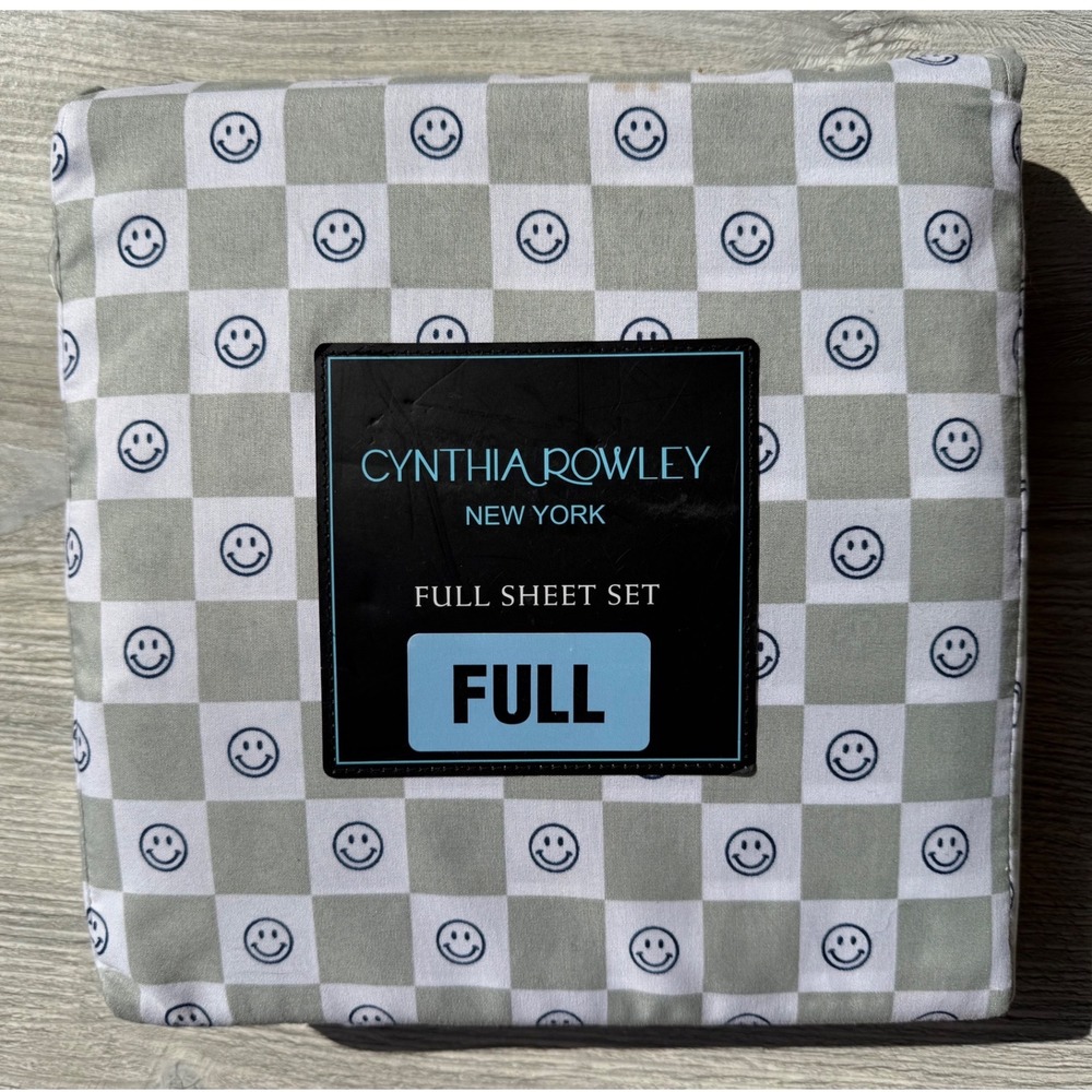 Cynthia Rowley Full Sheet Set Sage Green Checkered Smiley Face 4pc Microfiber